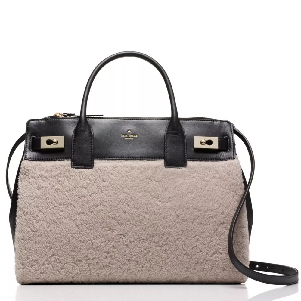 AUTH KATE SPADE ♠️ LUNA DRIVE WILLOW PINK BROWN LAMBSWOOL SHERPA TOTE BAG +strap